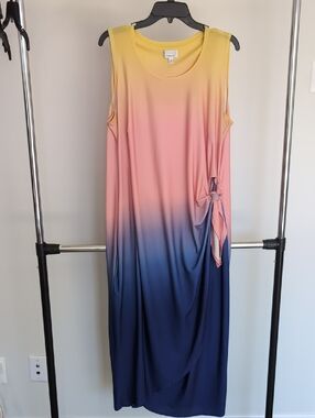 Signature by Robbie Bee Yellow Pink Navy Ombre Tie-Waist Sleeveless Maxi Dress